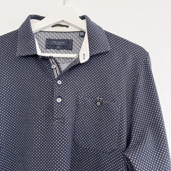 Ted Baker Men's Outof Micro Print Long Sleeve Polo Shirt Work Navy Blue 4 Large - Picture 4 of 9